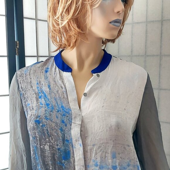 Chic & Luxurious! ELIE TAHARI 100% Silk Sheer Button-Down Blouse in Blue/Gray  M - Picture 3 of 7